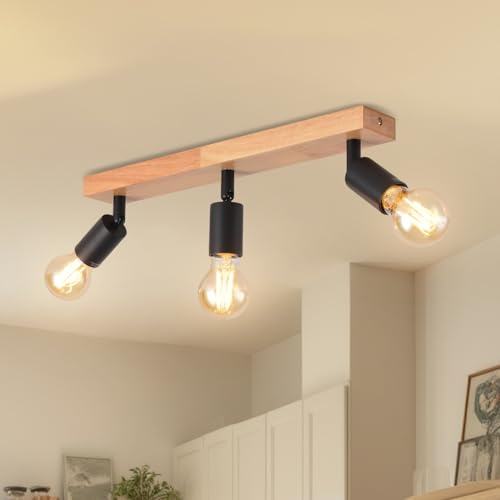 LVWIT Wood Ceiling Light,3 Way Spot Lights,Light Fittings Ceilings with E27,Adjustable Black Ceiling Light,Kitchen Lights Ceiling,Lights for Living Room (NO Bulbs)