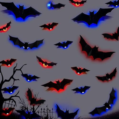 24 Stück LED Halloween Fledermäuse Deko, 3D Leuchtende Fledermäuse, Bunt LED Halloween Horror Dekoration, Hallo-ween Deko Outdoor für Innenräume Türen Wände Partyzubehör