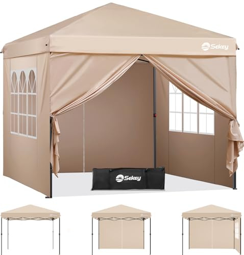 Sekey Premium Pop Up Pavillon 3x3 Wasserdicht Stabil, 3 x 3 m Pavillon mit Seitenwänden, Faltpavillon Partyzelt Faltbar für Camping Party, Höhe Verstellbar 250-270cm, (Khaki, Mit Seitenwänden)