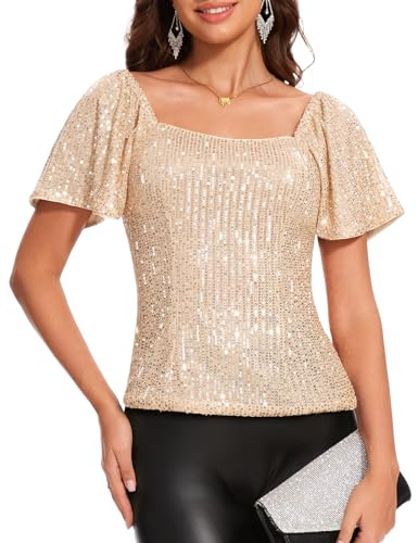 DRESSTELLS Sequin Sparkly Square Neck Tops for Women Short Sleeve Blouse for Evening Concert Cocktail Party Club Shirts Champagne M