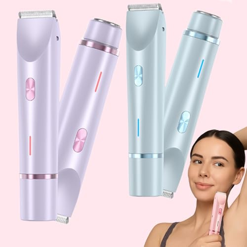 Maquinilla de afeitar 2 en 1 para mujer, zona íntima para mujer, recortadora de bikini de doble cabeza, para mujer, para cara, cuerpo, pierna, húmedo y seco, afeitado suave (azul + morado)