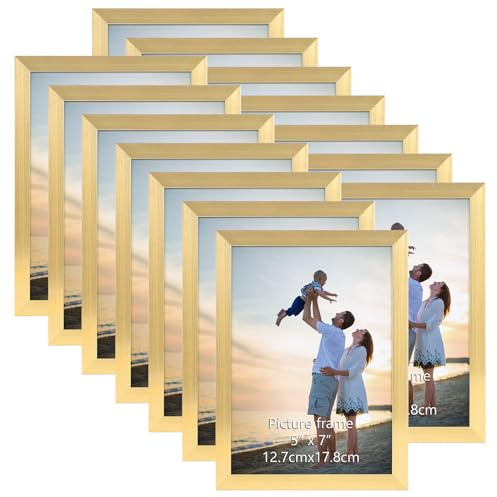 Hoikwo 14 Packs 5x7 Gold Multi Plastic Picture Frames Set with Plastic Cover for Family Photos, Artwork, Light Weight Bulk 5 by 7 Frames Packs for Wall Hanging and Table, Stylish Picture Frames