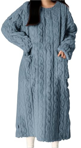 Långärmad husklänning för kvinnor med fickor – långärmad fleece vinter nattlinne – nattklänningar plusstorlek vinterrock pyjamas med fickor plysch myskläder vinter morgonklänning, BLÅ, L