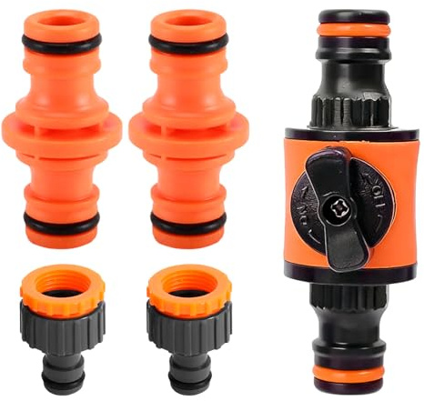 Conector Manguera Set 5 Piezas con Válvula de Cierre, Adaptador Manguera Grifo Rápido, Kit Jardineria y Accesorios Manguera Jardin para Extensión y Riego