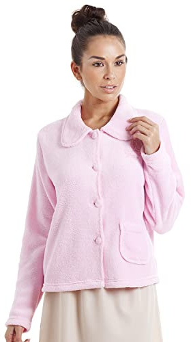 Camille Veste de nuit à boutons en polaire chaude et douce pour femme - Rose - 40