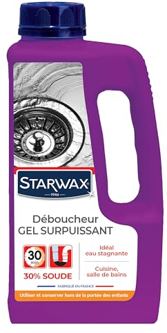 STARWAX-Déboucheur Gel Surpuissant -Idéal en Cas d'eau Stagnante -Cuisine et Salle de Bains-Agit en 30 min-Formule Gélifiée Concentrée en Soude Caustique à 30% -Fabriqué en France -1L = 2 Débouchages