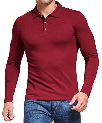 AIYINO Men's Polo Tee Long Sleeve Polo Shirts Contrasting Colors Golf Tennis Polo Shirt(Size XL, Red Polos)