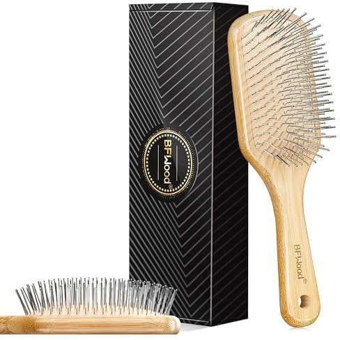 BFWood Bamboo Hair Brush with Steel Bristles, Metal Hair Brush Help Hair Growth and Massaging Scalp, Anti-frizz Metal Detangling Brush Styling Hairbrush