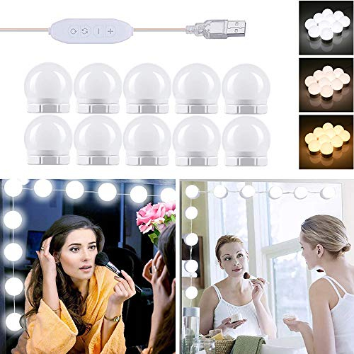 Akynite Hollywood Mirror Lights Stick on 10 Bulbs, USB Cable Adjustable, 3 Colour Changing and 10 Brightness, LED Vanity Mirror Lamp Dimmable, Makeup Lights for Dressing Table (No Adapter)
