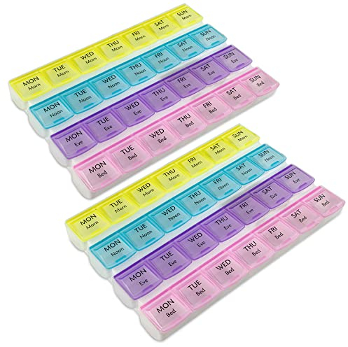Pillendose für die Woche – 4-mal pro Tag Tablettenplaner (2 Stück) trennt Pillen und Vitamine mit Fächern für den täglichen Gebrauch, Mittags, Abends und Nacht, Reise-Medikamenten-Erinnerung