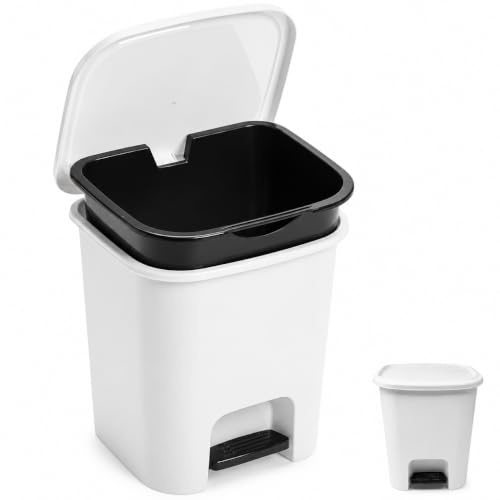 PLASTIFIC 7.5L Foot Pedal Bin Dustbin Rubbish Paper Waste Kitchen Office Plastic Bins (White with Removable Inner Bucket, 7.5L)