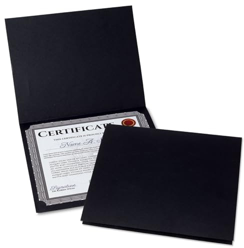 Plain Black Certificate Folders - Pack of 10, Linen Cover 80 lb. Stock, Folded, Die-Cut Corners, for Office, Business Awards, Graduation, School Diploma Holder, 9-1/2 x 12