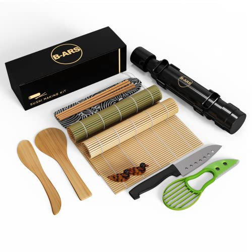 B-ARS Sushi Maker Set Komplett mit Bazooka, Bambusmatte, Antihaftmesser und Reislöffel – DIY Set für Anfänger und Profis, Perfekt für Hausgemachtes Sushi