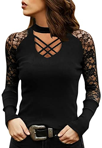 Haut Femme Chic Et Élégant Chemise à Manches Longues Col en V Épaules Dénudées 2023 Nouveau T-Shirt Sexy en Dentelle avec Strass Imprimé Grande Taille Blouse Chemisier Tops Casual Ample