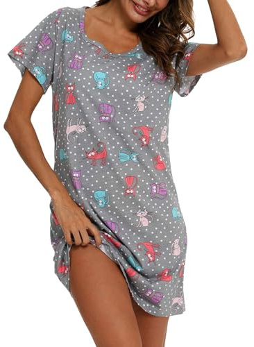 Mialucce Camicia da Notte da Donna a Maniche Corte Camicie da Notte Stampate in Cotone Camicia da Notte Estiva Camicia da Notte Estiva per l'Estate, Gatto grigio., XXL