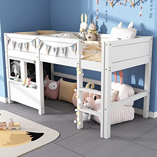 FEZTOY Kinderbett, Hochbett 90x200 mit Leiter, Etagenbett mit Wandtafel & Kleiner Ablage, Spielbett, Hausbett, Stockbett, Holzbett, Bettgestell, Jugendbett, Weiß