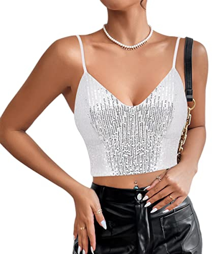 Naimo Damen Glitzer Pailletten Crop Top Ärmellos V-Ausschnitt Tank Tops Weste Sparkle Camisole Bluse Party Rave Oberteile