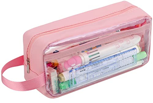 hoinya Clear Pencil Case, Clear Exam Pencil Case, Waterproof PVC Transparent Toiletries Storage Pouch Bag – Suitable for Stationery, Cosmetic, Makeup, Travel & Office Supplies (Pink)