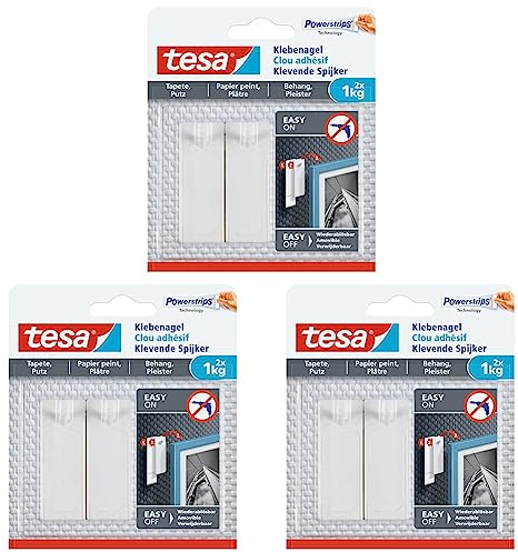 tesa Klebenagel für Tapeten und Putz 1kg - Selbstklebende Nägel für empfindliche Oberflächen - rückstandslos - Bis zu 1 kg Halteleistung pro Nagel - 2 Klebenägel (Packung mit 3)