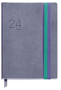 Miquelrius - Årlig dagordning 2024, Vecka Visa, Journal Storlek 122 x 168 mm, Flexibelt lock läder sytt, Dubbelt gummiband, Spanska, Engelska och Portugisiska, Lila