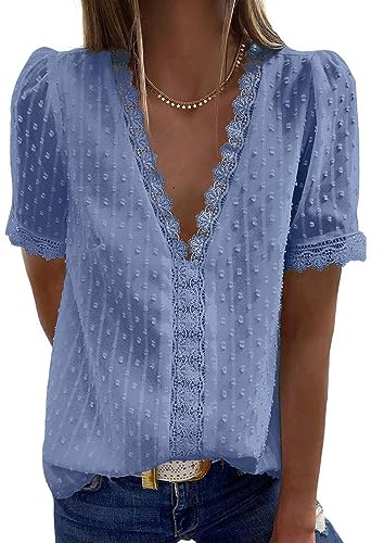 Bipily Camiseta para Mujer Blusa de Encaje con Cuello en V de Gasa Manga Corta Elegante y Básica Color Sólido Tops