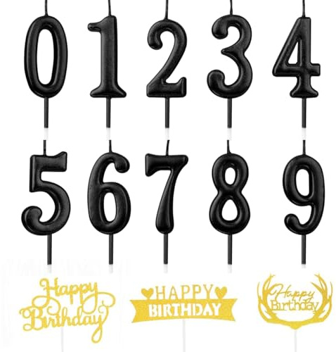 Velas De NúMero De CumpleañOs, 10 Velas De Pastel En Forma De NúMero, NúMero 0 A 9, DecoracióN De Tarta Para Fiesta De CumpleañOs (Negro+3 Decorar)