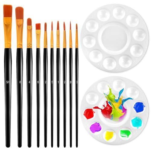 Ouligay 10 Stück Pinselset Acrylfarben 2 Stück Mischpaletten Acryl Pinsel Paint Brushes Set für DIY Kinder Aquarell, Körperbemalung, Ölgemälde Anfänger