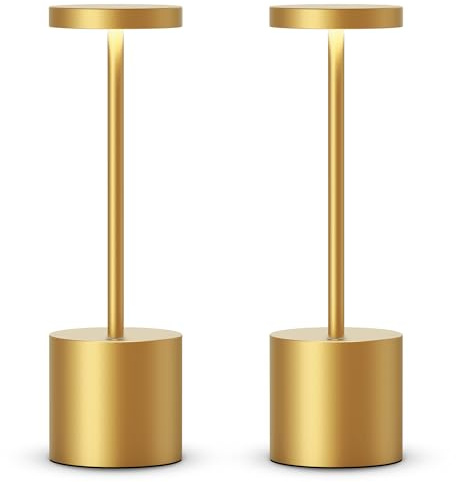 EPQDJZK Lot de 2 lampes de table LED rechargeables sans fil 5000 mAh fonctionnant à piles, étanches, 3 niveaux de luminosité, intensité variable pour terrasse, restaurant, salle à manger, maison (doré