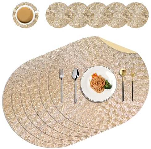 HEKOBAG Runde Tischsets 6 Stück Goldene rutschfeste Platzsets (38 cm) und 6 Stück Runde Untersetzer (10 cm), Hitzebeständige Tischuntersetzer PVC-Tischsets für Hochzeiten, Restaurants