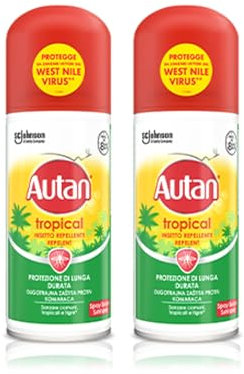 Autan Tropical Spray Secco, Spray Antizanzare Forte, Repellente Zanzare Azione Protettiva Duratura, Fino a 8h protezione, per Viaggi in Luoghi Tropicali, Efficace per Virus West Nile, 2 Conf da 100 ml