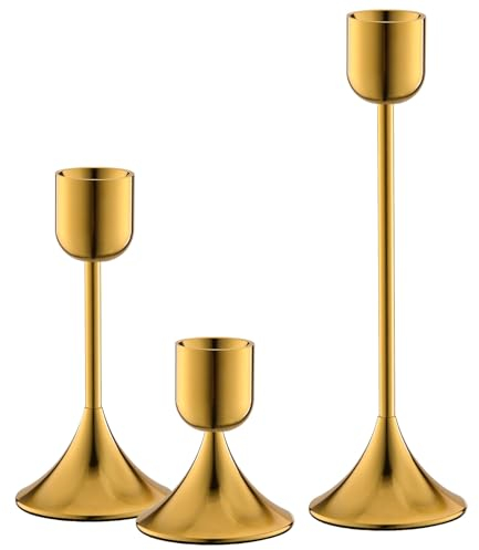 idyllictime Candle Holder Metal Heavy Base for Room Décor Christmas Decorations Party Wedding Halloween (Titanium Gold, 1 Set(3 Pcs))