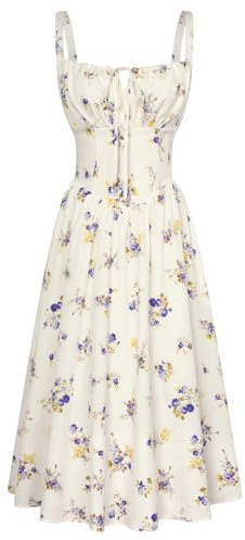 SCARLET DARKNESS Women’s Summer Floral Sun Dresses Dark Blue Boho Midi A-Line Corset Pleated Smocked Victorian Beach Dress L