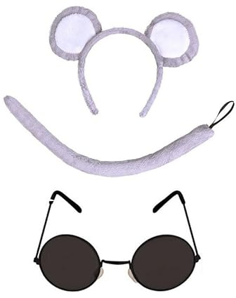 jokeshop Grey Blind Mouse Set (Grey Ears, Tail & Black Glasses) Adults Animal Headband Accessory Rat World Book Day Adult Fancy Dress Fairytale Three Blind Mice