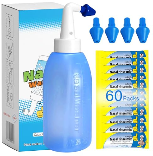 EVEME Neti Pot Flacon de rinçage nasal avec 60 sachets de sel de lavage nasal, nettoyant de nez pour rinçage sous pression pour adulte et enfant, sans BPA, 300 ml, avec thermomètre autocollant et sac