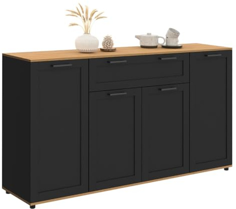 IDMarket - Buffet 140 cm VITO 4 Portes et 1 tiroir Noir et Bois