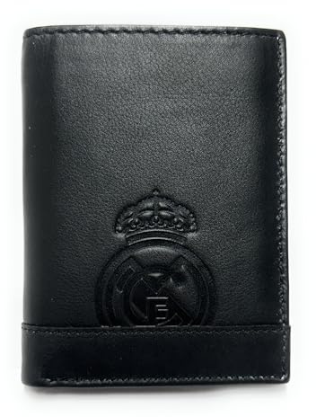 LUGUPELL Cartera Oficial del Real Madrid - Piel 100% Legítima con Protección RFID, Diseño Exclusivo con Escudo del Club. Regalo para Hombre. (Vertical con Monedero Negro)