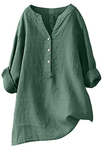 Linneblus damer långärmad grön | linneskjorta damer sommar | blusskjorta elegant linne topp med v-ringad t-shirt med knappar linnetoppar lätt tunn lång blus enfärgad tunika linneskjorta