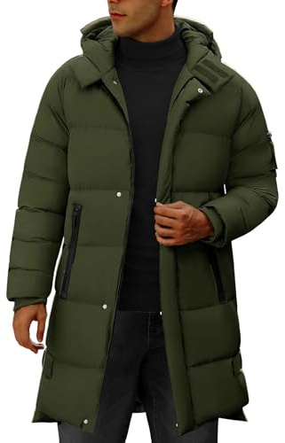 CMTOP Winter Jackets for Men Warm Lightweight Long Mens Coats Windproof Thicken Puffer Coat Hooded Zipper Parka Jacket Casual Outdoor Bodywarmer Comfortable Thermal Outwear(Army Green,L)