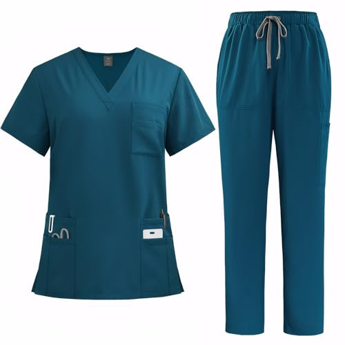 Meichoon Scrubs DK77 - Set di divise mediche con scollo a V, maniche corte, pantaloni con gamba dritta, 8 tasche, coulisse elastica e traspirante, ciano, XXL