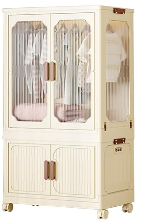 Armario portátil – Armario plegable con puerta magnética transparente ruedas rodantes 10 perchas – Solución de almacenamiento que ahorra espacio para dormitorio y sala de estar