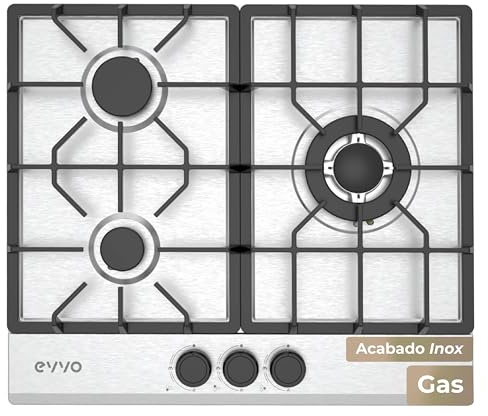Placa de Gas EVVO V66 Inox, 3 Quemadores con Wok, Acero Inoxidable, Encendido Eléctrico, Gas Natural y Butano