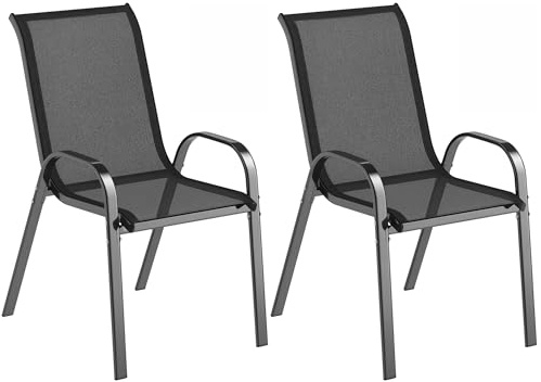Outsunny Lot de 2 chaises de Jardin, chaises empilables, Dossier Haut incliné, Tissu en Maille Respirante, Cadre en Acier, Noir