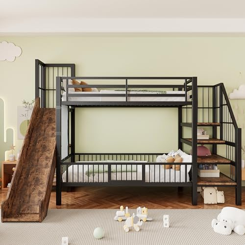 Merax Lit superposé en métal 90×200 cm, avec toboggan, échelle de rangement, barrière de protection, étagères intégrées, lit d’enfant peu encombrant, lit superposé pour garçons et filles, Noir (sans