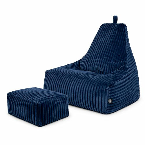 PATCH HOME Deluxe Cord sittsäck lounge fåtölj – gaming saccosäck set med fotpall – bekväm manchesterfåtölj med fyllning – vardagsrum och sovrumsmöbler (marin, XXL – sittsäck pallset)