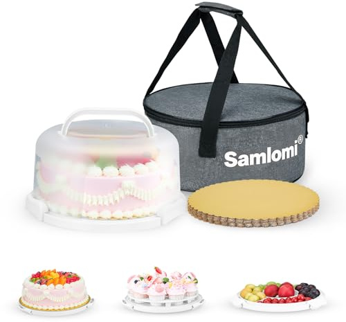 Scatola per il trasporto di torte, 10 pollici, con coperchi e maniglia, rotonda, dotata di 10 piastre rotonde dorate e borsa termica portatile con fodera in pellicola (bianco)