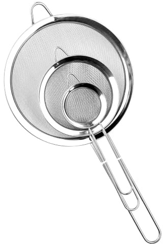 Fyrindel Juego de 3 Colador de Cocina Acero Inoxidable 19/25/35 cm, Colador de Malla Fina con Manija, Tamiz de Harina para Alimentos y Vegetales, Separador de Salsa, Coladores de Pasta (Plateado)