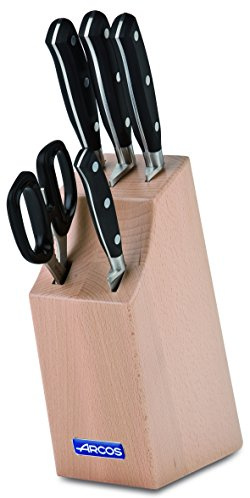 Arcos Conjunto Cuchillos 5 piezas Acero Inoxidable y Hoja mm. 3750 gr. Cuchillo cocina profesional cortar una variedad alimentos con mango ergonómico polioximetileno POM. Serie Riviera. Color negro.