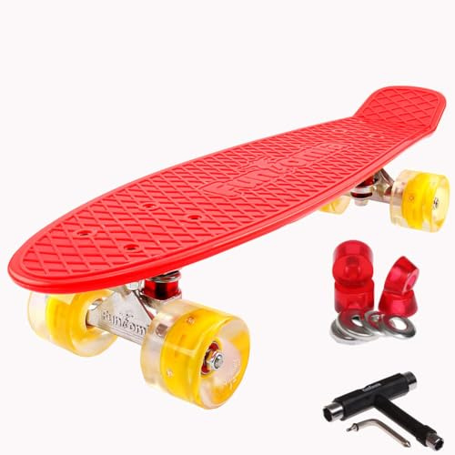FunTomia Planche à roulettes Mini-Board Skateboard 57cm - avec roulements ABEC-11 - Style Retro Cruiser en Plastique (Rouge - avec LED Roues Jaune + T-Tool)
