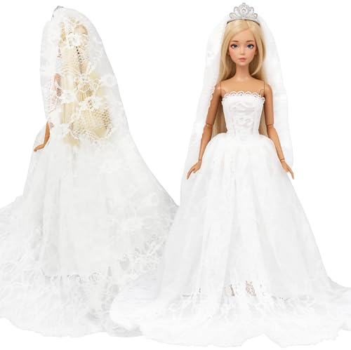 Miunana bröllopsklänningar brudslöja, brudprinsesskläder för 30 cm flickor dockor | Elegant vit brudklänning med slöja och krona, brud prinsessa kläder för 30 cm flickor dockor
