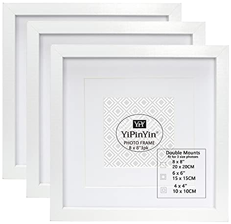 8 X 8 ''(20 x 20cm) Square White Photo Frames Set Of 3 with mount for 6×6 Garllery 6 x 6'' Picture Frames 3 Pack, 20x20cm photo frame With Perspex Window For Wallmounted & DeskTop